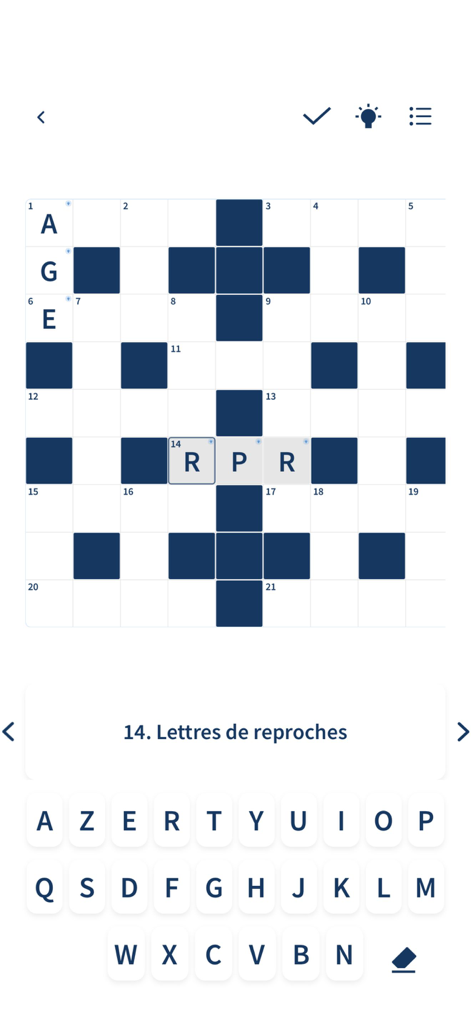 Figaro Jeux: Jeu de mots mêlés - A mobile crossword puzzle game in French with a grid and virtual keyboard