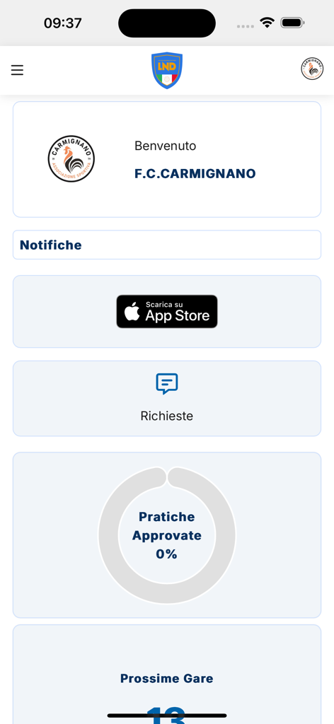 LND Portale Servizi - Dashboard interface of the LND Portale Servizi app for soccer club administration