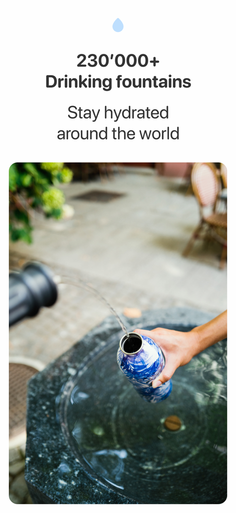 Fountain Finder - Person refilling a reusable water bottle at a public fountain using the Fountain Finder app.