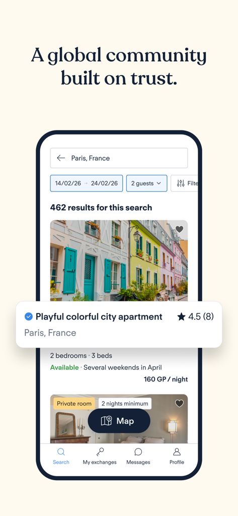 HomeExchange - House Swapping - HomeExchange app search results screen showing a colorful apartment listing in Paris with a 4.5 star rating