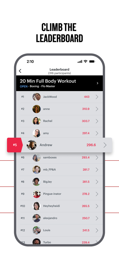 FightCamp app leaderboard showing user scores and rankings for a boxing workout
