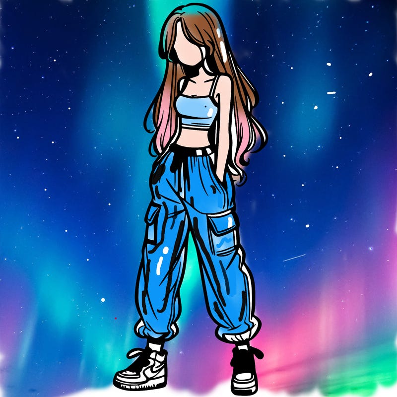 girl in baggy pants crop top and long hair