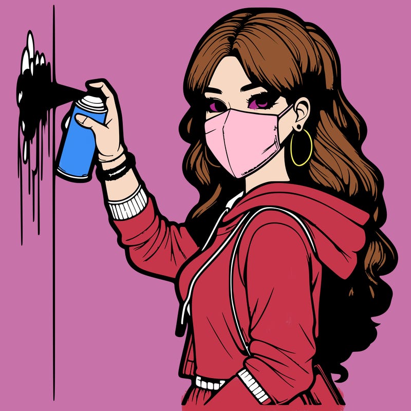 realistic girl with mask spray painting a wall