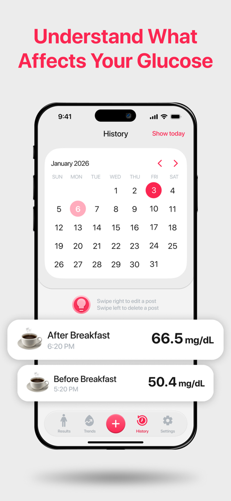 Glucose Monitor: Blood Sugar - Interfaz de la aplicación móvil que muestra un calendario de historial de azúcar en sangre con registros de glucosa diarios antes y después del desayuno