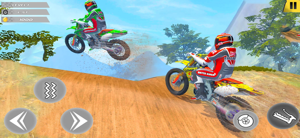 Off-road Dirt Bike Racing Game - Deux motards de motocross effectuant des sauts et des cascades sur une piste de terre dans un jeu de course.