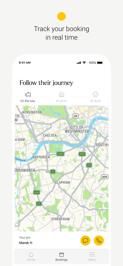 Massage at home | Urban - Mobile app interface showing real time map tracking for a therapist arrival
