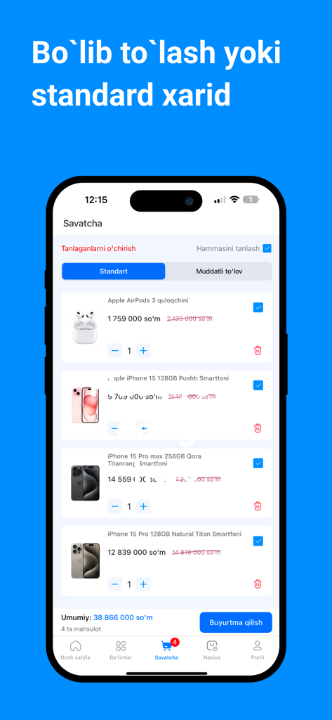 Asaxiy Market - Asaxiy Market mobile app shopping cart screen showing Apple products like AirPods and iPhone with standard and installment payment options.