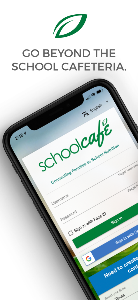 SchoolCafeモバイルアプリのログイン画面。スマートフォンに表示され、ユーザー名とパスワードのフィールドがあります