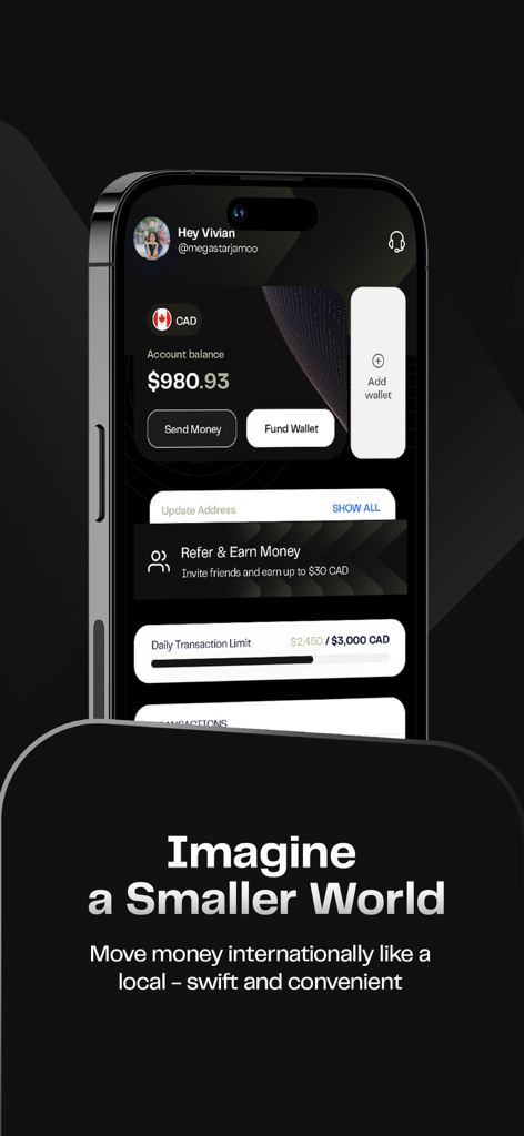 Pesa (Formerly Pesapeer) - Painel do aplicativo móvel Pesa mostrando saldo de conta multimoeda e opções para enviar dinheiro ou financiar carteira