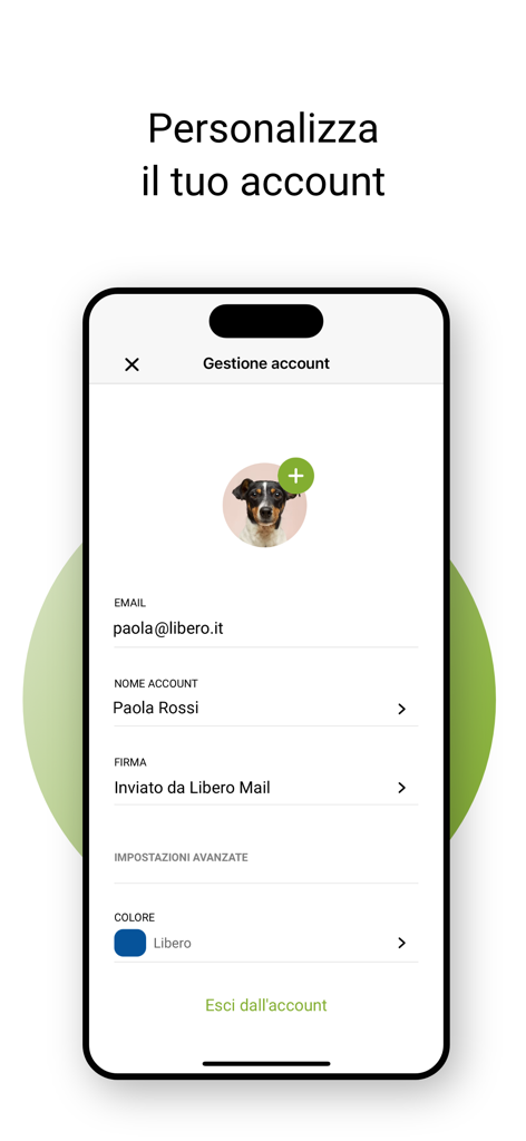 Interfaz de gestión de cuentas en Libero Mail para personalizar el nombre del perfil y la firma