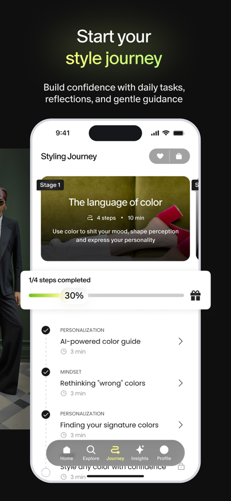 Lumi: styling & shopping - Captura de pantalla de la aplicación Lumi que muestra el viaje de estilo con una guía de color por IA y un rastreador de progreso