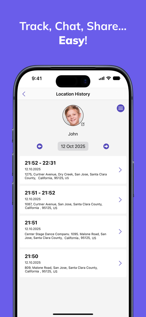 Tracker -Live Location Sharing - Pantalla de la aplicación móvil que muestra el historial de ubicaciones detallado de un usuario llamado John con marcas de tiempo y direcciones en San José