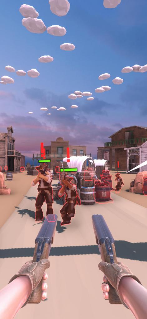 DeadEye Gunslinger : Wild West - First person shooter gameplay of DeadEye Gunslinger Wild West with dual guns aiming at bandits.