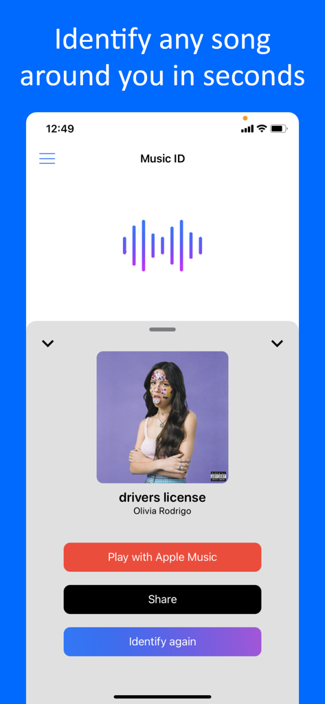 Music Identifier ‣ Find Songs - Screenshot of the Music Identifier app showing identified song details for drivers license by Olivia Rodrigo with a play in Apple Music button.