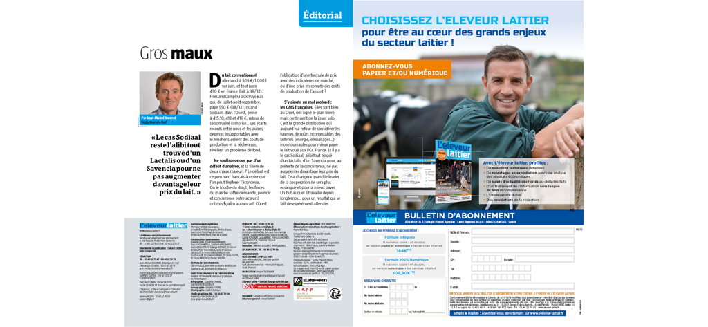 Une page promotionnelle du magazine L'éleveur laitier proposant des abonnements numériques et papier pour les professionnels de l'élevage laitier.