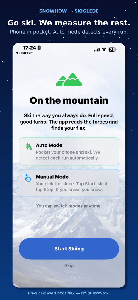 Skiglede: Ski Boot Flex Finder - Skiglede-App-Bildschirm mit Optionen für Auto- und manuellen Modus zur Messung des Skischuh-Flex am Berg.