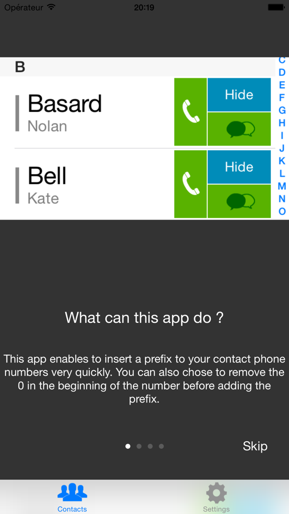 Hide my phone number - Screenshot showing a contact list within the Hide my phone number app with buttons to selectively hide numbers before calling.