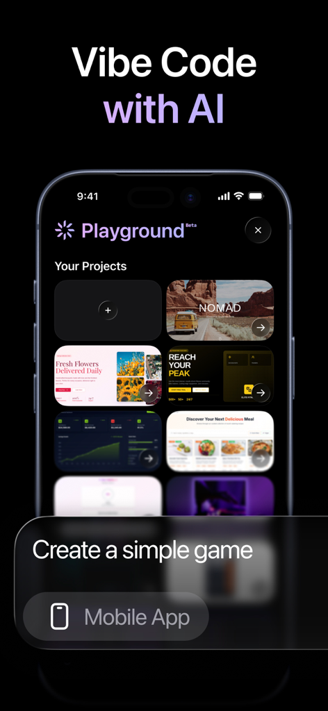 AI Chat Assistant – ChatNow - Interface of ChatNow app showing the Vibe Code feature and AI project playground for creating mobile apps and websites.
