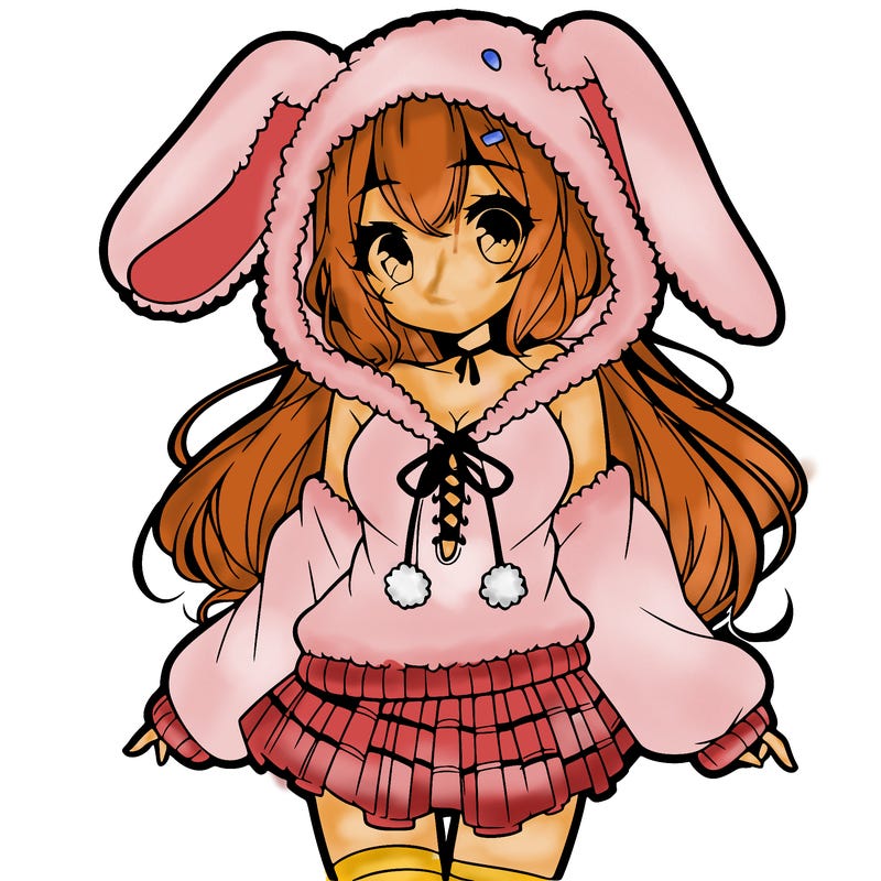 pretty anime girl wearing a fluffy hoodie with bunny ears on the hood and a skirt