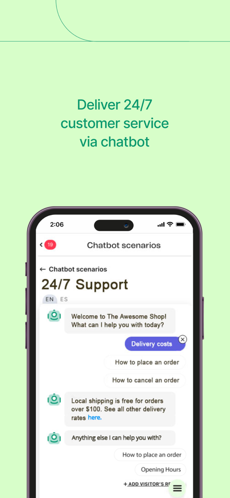 A mobile interface showing an automated chatbot scenario for 24/7 customer support within the Brevo app.