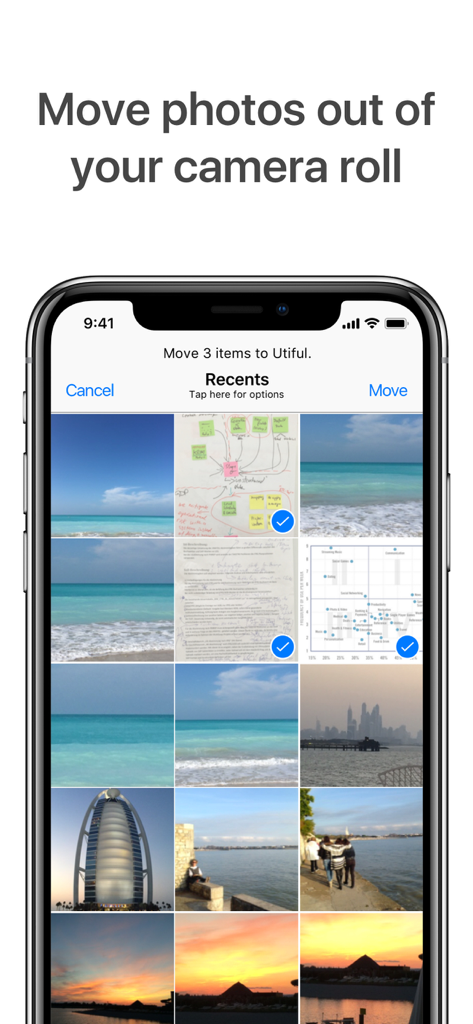 Interfaz de la aplicación Utiful que muestra el proceso de mover fotos de utilidad seleccionadas fuera del carrete a carpetas organizadas.