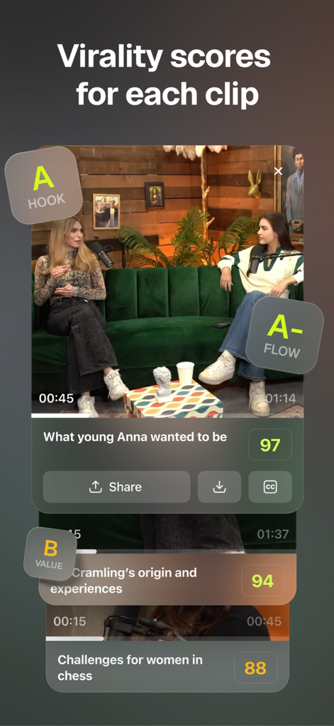 Interface do aplicativo OpusClip exibindo pontuações de viralidade de IA e notas de qualidade para clipes de vídeo editados