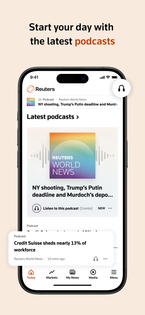 Reuters mobile app interface showing the latest news podcasts and global headlines