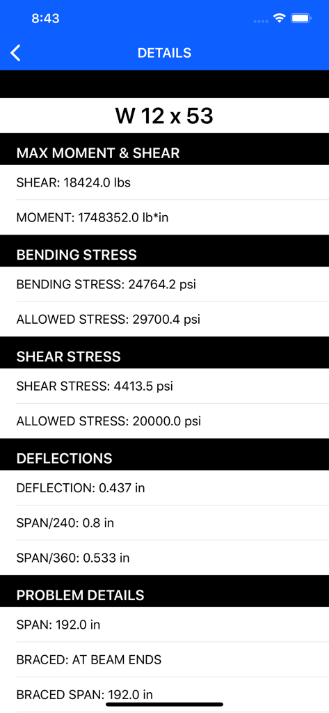 Steel Beams Bulk Checker - Structural analysis screen for a steel beam showing stress, deflection, and moment results.