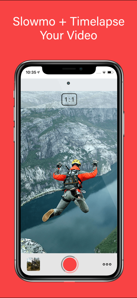 Slow Motion' Video Editor - Slow Motion Video Editor mobile app interface showing a base jumping video