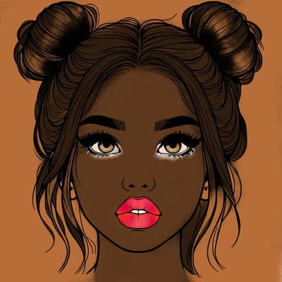 realistic girl with two buns on her hair and lips