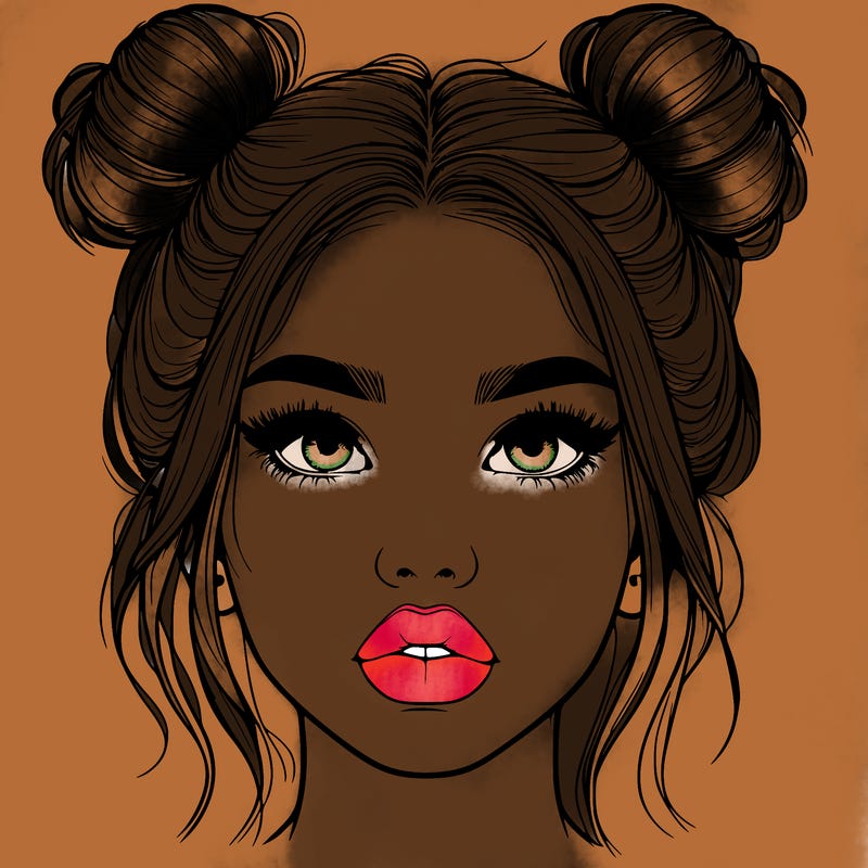 realistic girl with two buns on her hair and lips