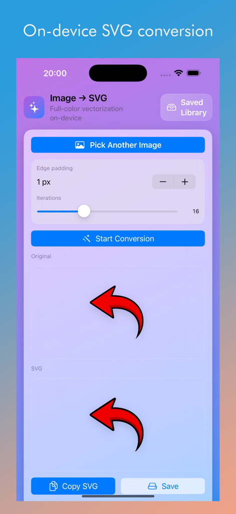 Image to SVG アプリのインターフェースのスクリーンショット。オンデバイスベクトル化設定と変換コントロールが表示されています。