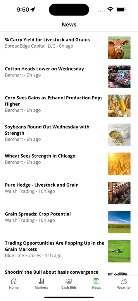AgMobile - AgMobile app news feed displaying agricultural market headlines and updates