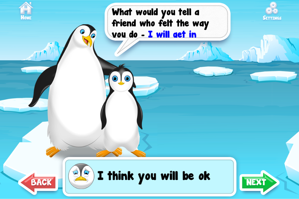 A screenshot of the Positive Penguins app showing a guided social emotional learning activity for children