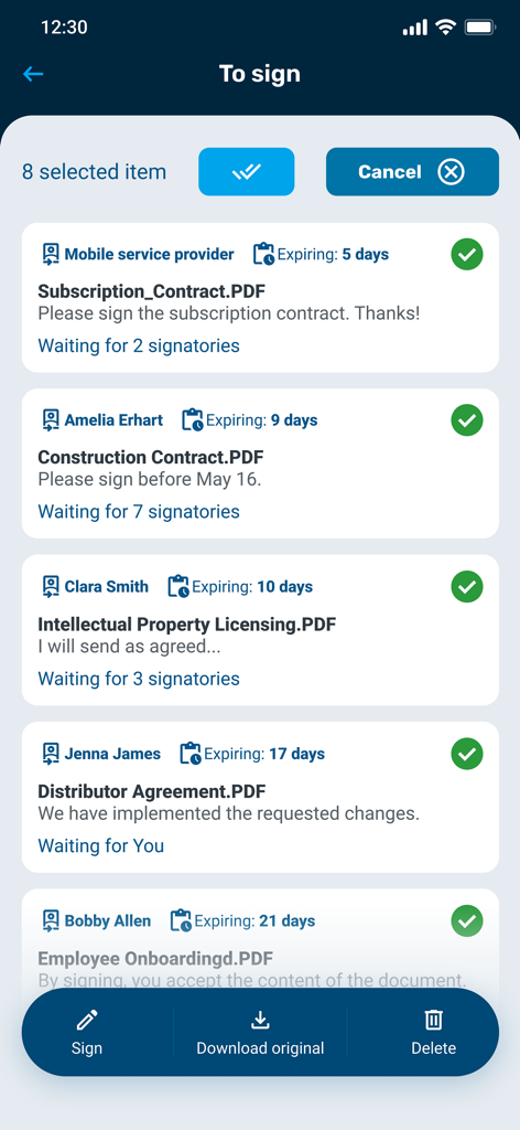 Netlock app screen showing multiple PDF documents selected for digital signing with options to sign or download.