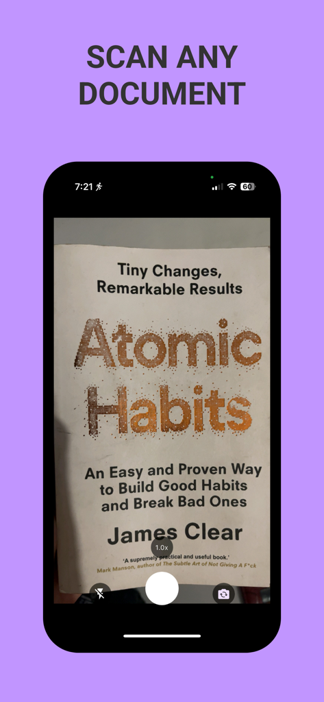 Photo to PDF Converter * - An iPhone screen showing the app's document scanning feature capturing a photo of a book cover.