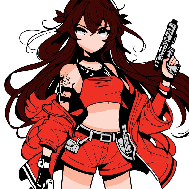 bad girl wearing crop top holding a gun long hair anime