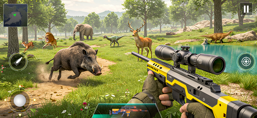 Wild Hunter 3D: Shooting Games - A first-person view of a yellow sniper rifle aiming at wild animals and dinosaurs in a lush forest landscape