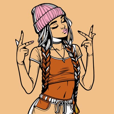 realistic teenage girl with braids and a beanie and crop top doing 🫶🏼