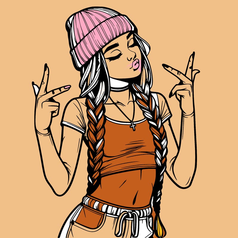 realistic teenage girl with braids and a beanie and crop top doing 🫶🏼