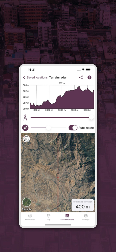 My GPS Locationアプリの地形レーダー画面に、標高プロファイルグラフと山岳地帯の衛星マップが表示されています