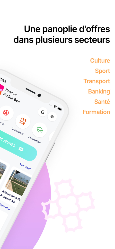 Pass Jeunes - Interface of the Pass Jeunes app showing various service categories like culture, sport, and transport