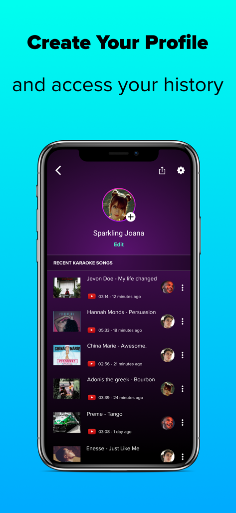 Benutzerprofilseite in der Singly Karaoke-App, die die Historie der zuletzt gesungenen Songs anzeigt
