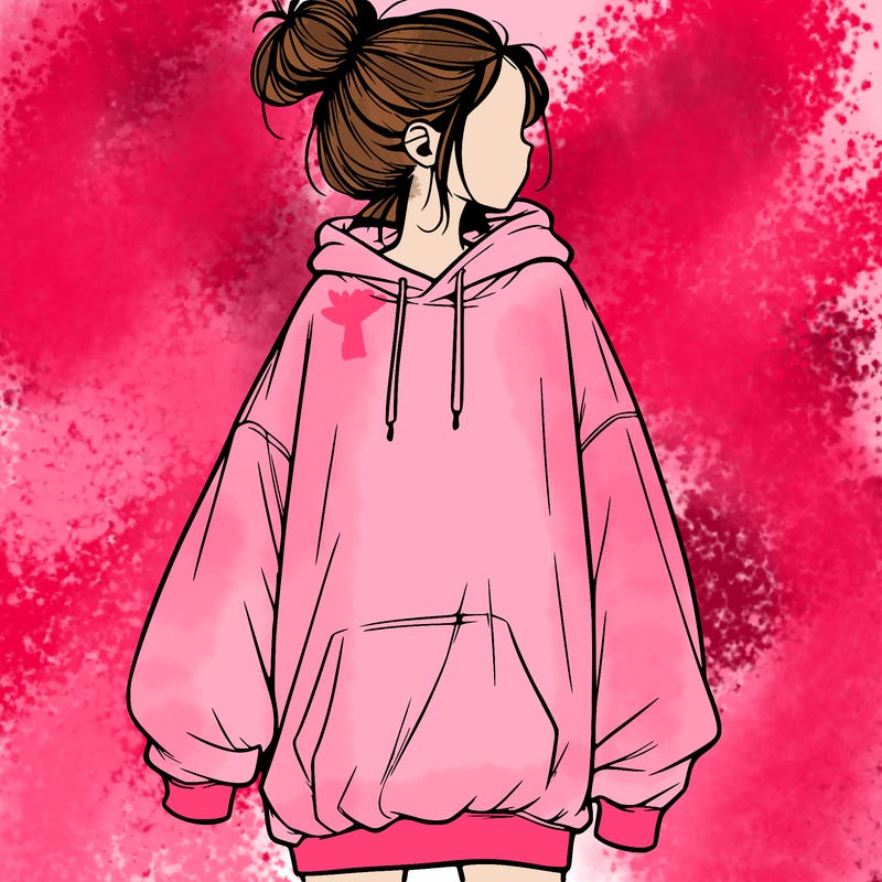 realistic girl with a oversized sweatshirt on and a bun