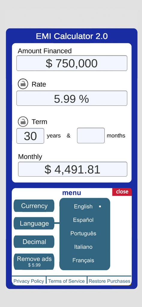 Loan Calculator EMI - ローン計算機EMIアプリのインターフェースが、750000ドルの住宅ローン計算と言語選択メニューを表示しています。