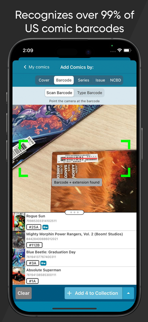 A smartphone using the CLZ Comics app to scan a comic book barcode for inventory cataloging
