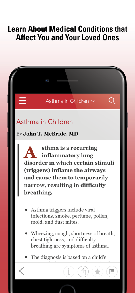 MSD Manual Consumer - A screenshot of the MSD Manual Consumer app displaying a medical article about asthma in children written by a medical doctor