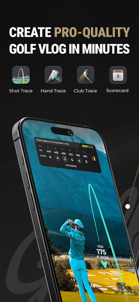 GolfCam app interface showing shot trace and digital scorecard features for golf video editing