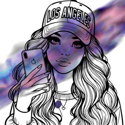 realistic beautiful girl wearing los ángeles cap holding an iphone