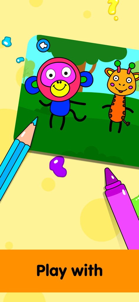 A digital coloring book page for kids showing a colorful monkey and a giraffe with a pencil and a crayon